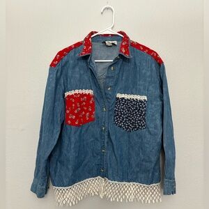 Cactus Flower multi mix vintage button down Jean shirt | size large